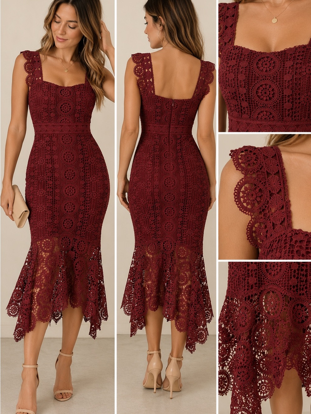 Lena Burgundy Crochet Lace High-Low Midi Dress